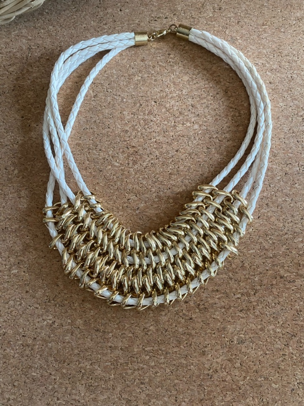 Gold and White Braided Statement Necklace - Women Jewelry